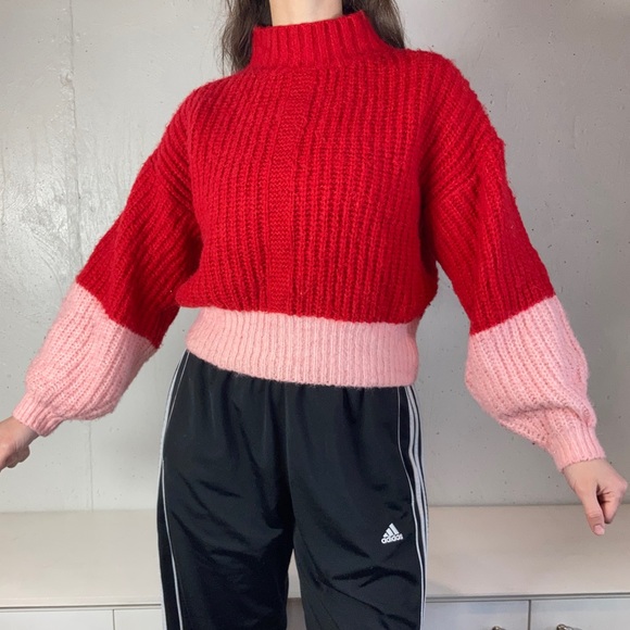 Line & Dot Sweaters - Cropped Red + Pink Chunky Knit Color Block Valentine’s Day Sweater